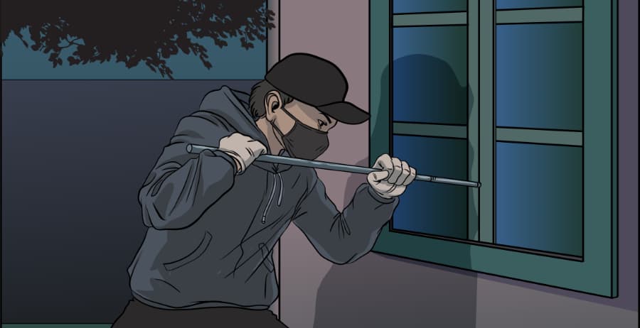 Illustration of burglar forcing entry through a window in Utica