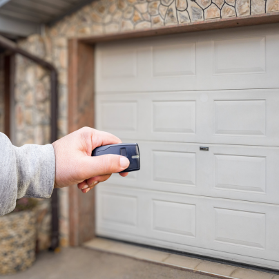 Utica security key fob pointing to a garage door